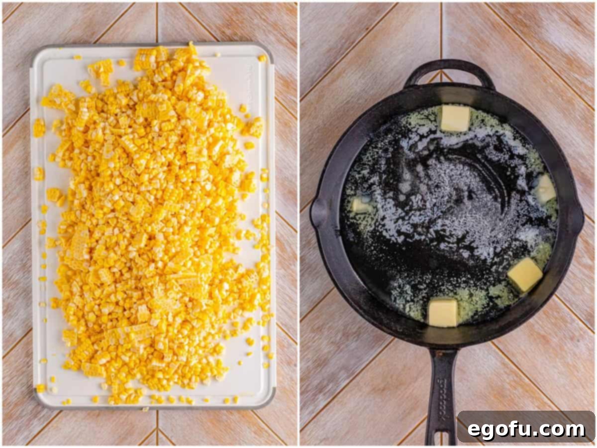 A collage of two photos: a white cutting board with fresh corn kernels; a cast iron skillet with melted butter and bacon grease, shimmering on the stovetop.