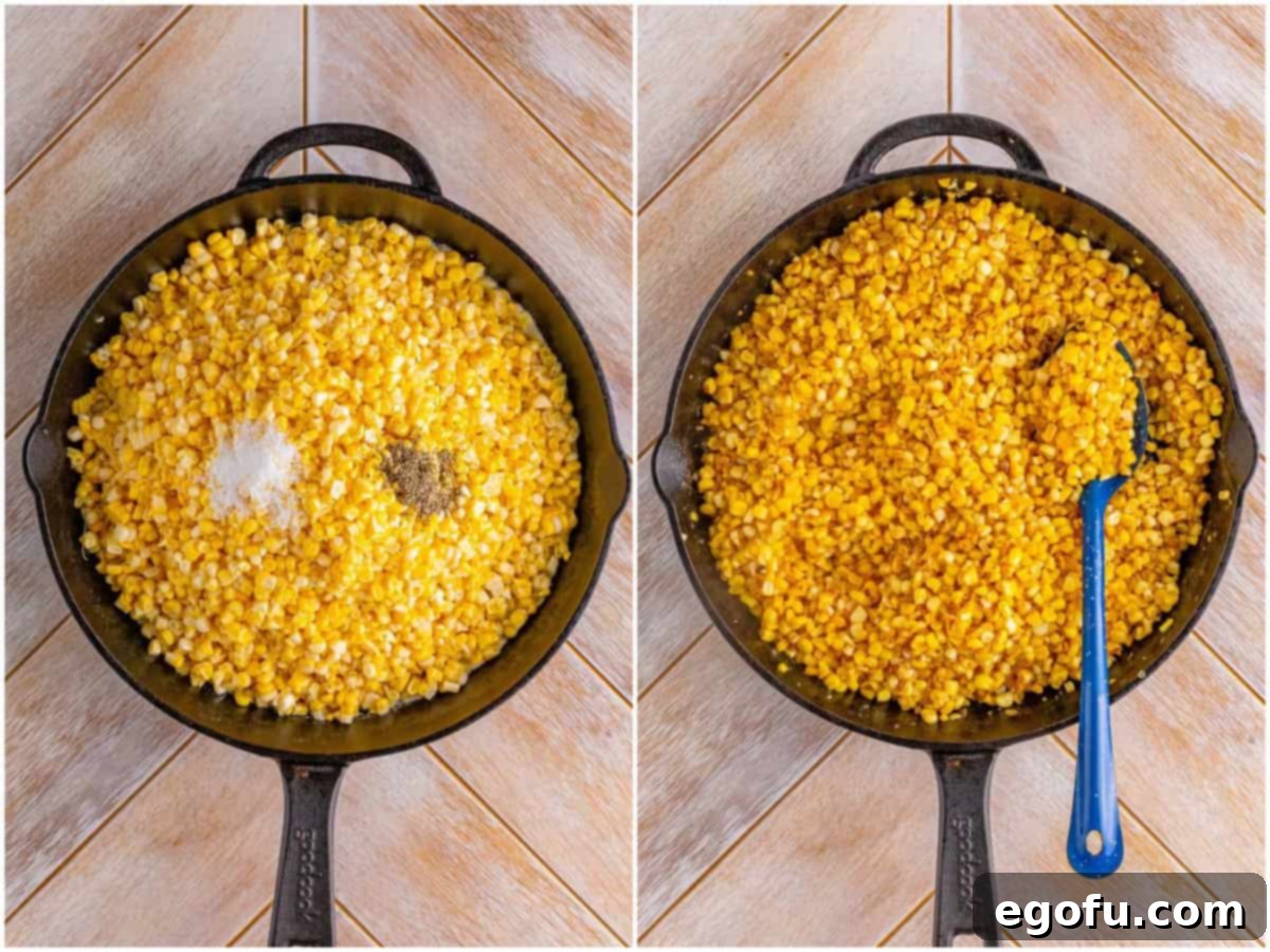 A collage of two photos: fresh corn kernels seasoned with salt and pepper in a cast iron skillet; a close-up of perfectly cooked and lightly browned fried corn in a cast iron skillet.