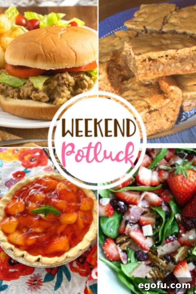 A vibrant collage showcasing four delicious potluck dishes: Southern Pecan Chewies, Crockpot Cheeseburgers, Fresh Peach Pie, and Strawberry Spinach Salad.