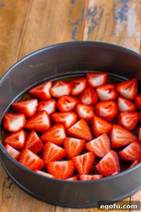 Sliced strawberries on top of the brown sugar butter mixture in a springform pan.