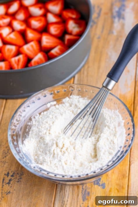A whisk in a mixing bowl with all-purpose flour, baking powder and salt.
