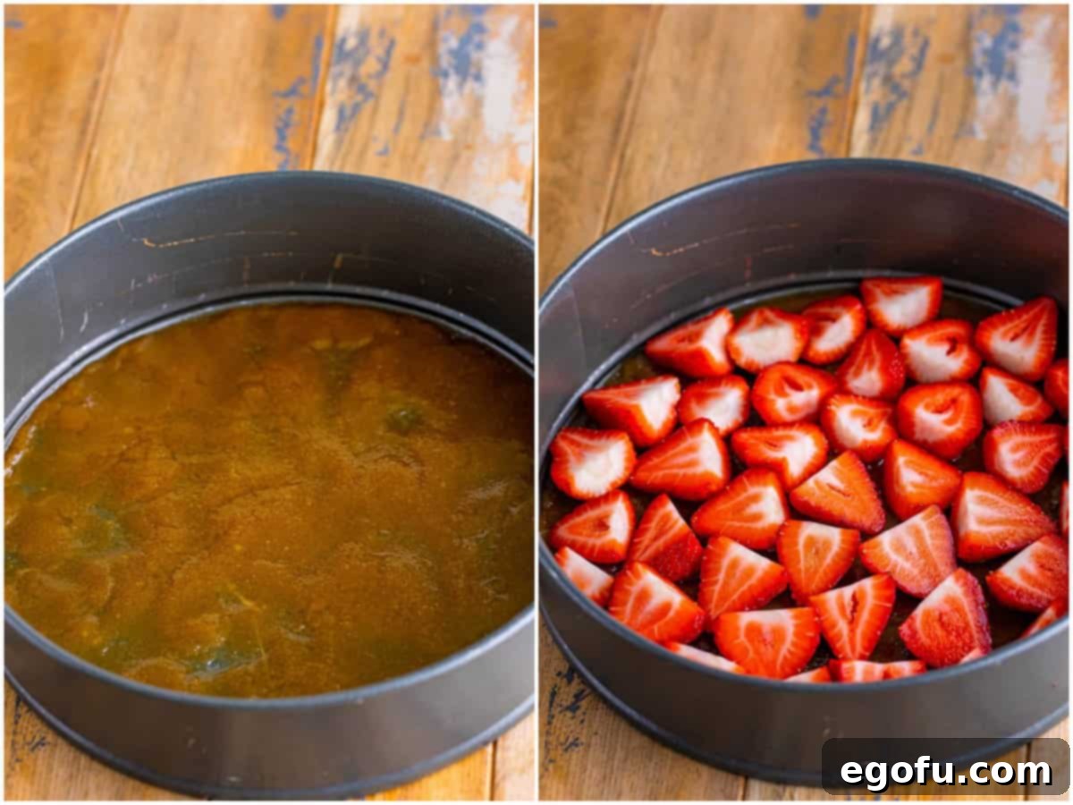 A collage showing two crucial steps: first, a springform pan with the whisked brown sugar and butter mixture spread evenly at the bottom; second, beautifully sliced fresh strawberries meticulously arranged cut-side up over the caramel layer in the same pan.