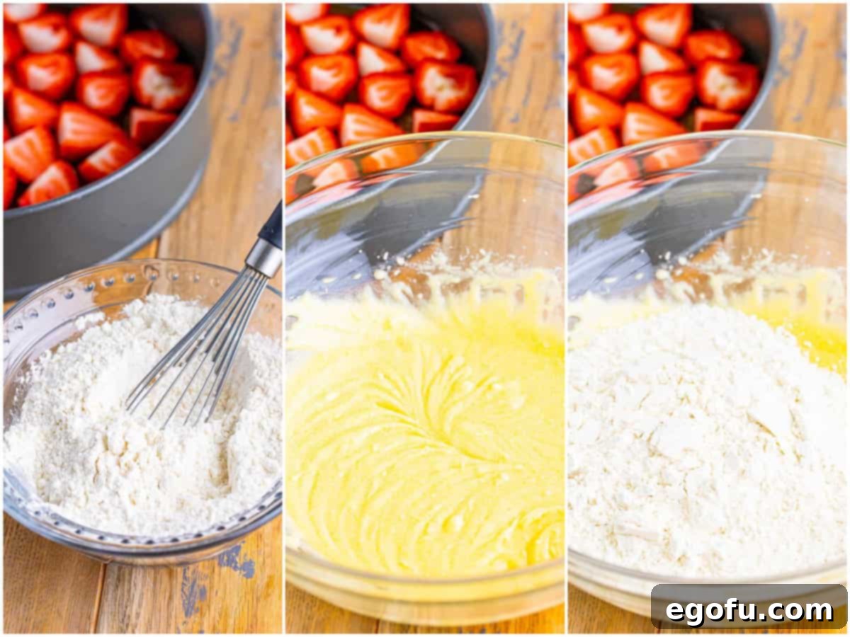 A three-photo collage illustrating the cake batter preparation: a whisk in a bowl with dry ingredients (flour, baking powder, salt); a mixing bowl with creamed wet ingredients (butter, sugar, egg, vanilla); and the flour mixture added to the wet ingredients, creating a crumbly batter.