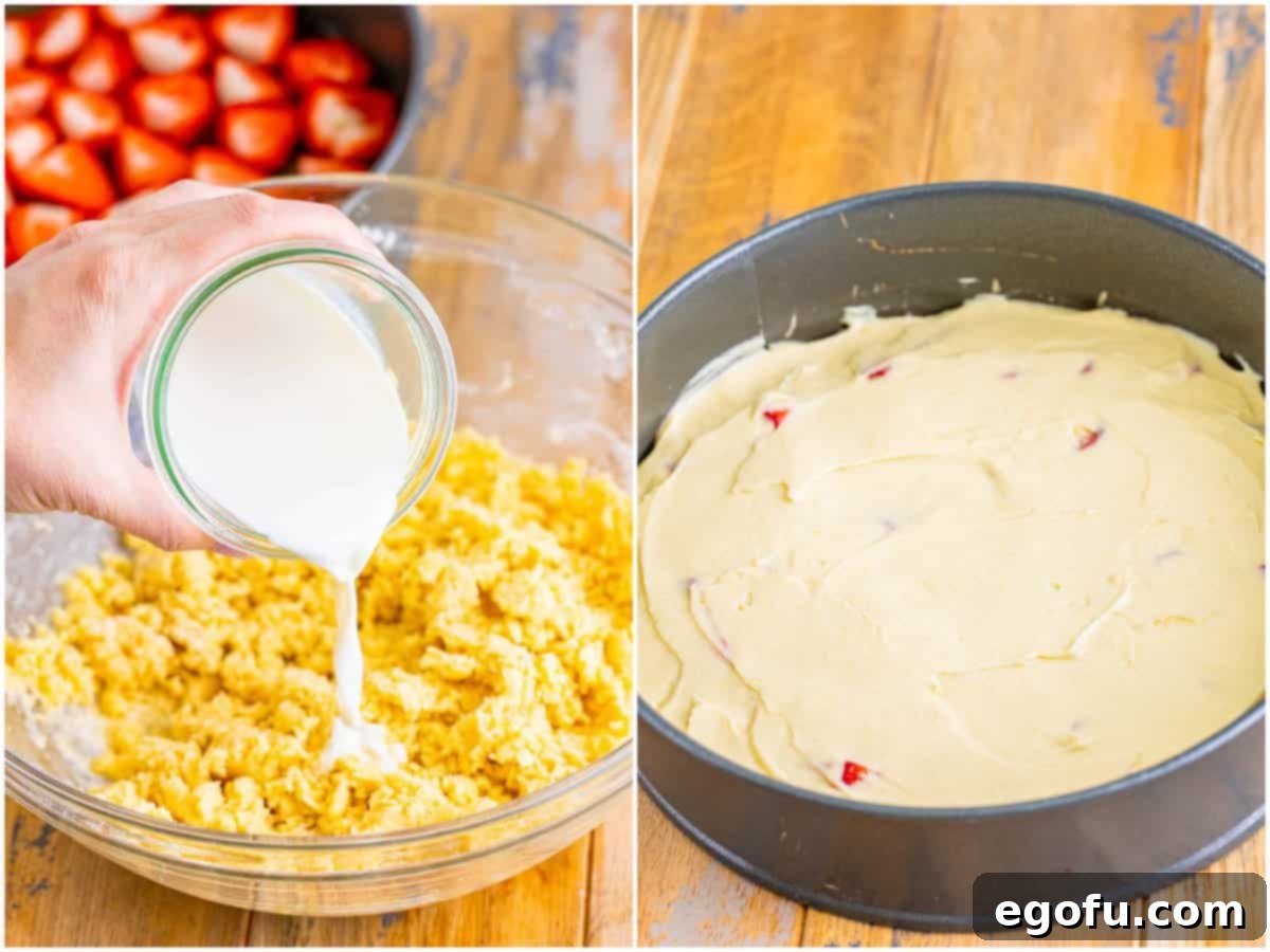 A two-photo collage demonstrating the final batter steps: milk being poured into the cake batter for a smooth consistency; and the thick cake batter gently spread over the arranged strawberry mixture in the springform pan, ready for baking.