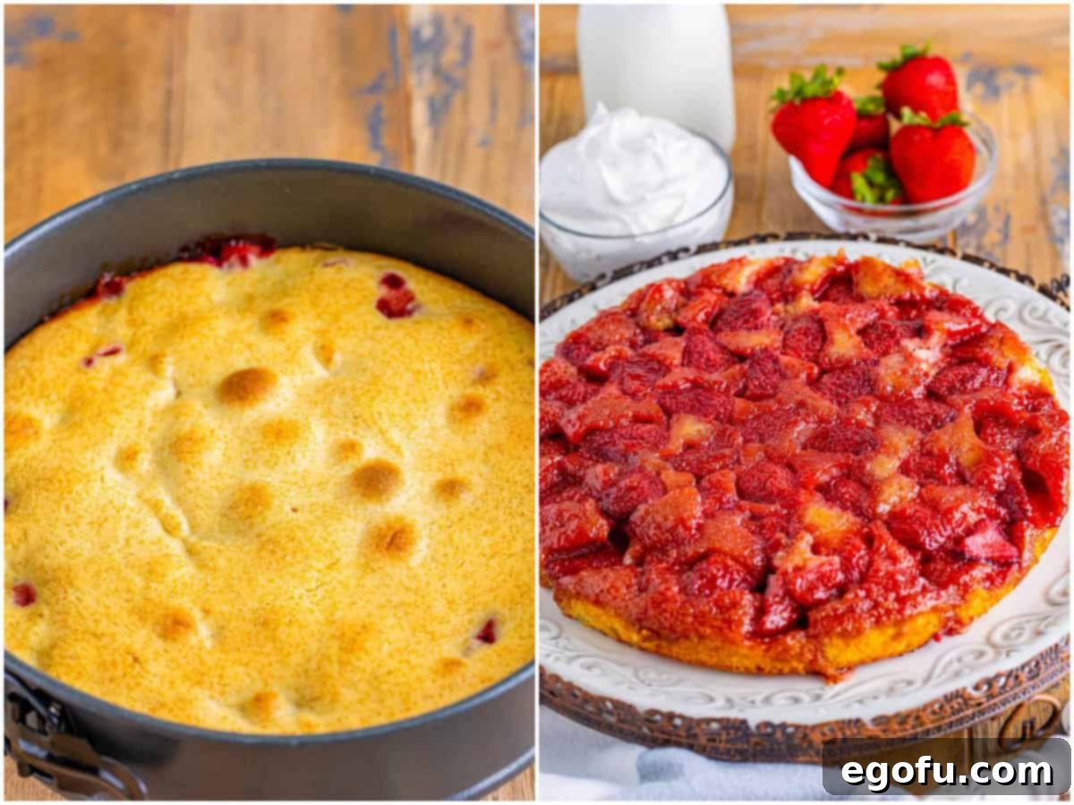 A collage showing the transformation: a freshly baked Strawberry Upside Down Cake still in its pan, followed by the perfectly inverted cake on a pristine serving plate, revealing its stunning caramelized strawberry topping.
