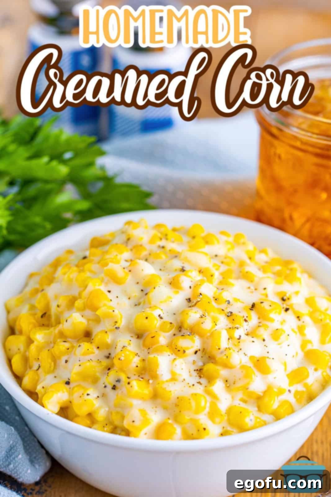 A serving bowl of Creamed Corn.
