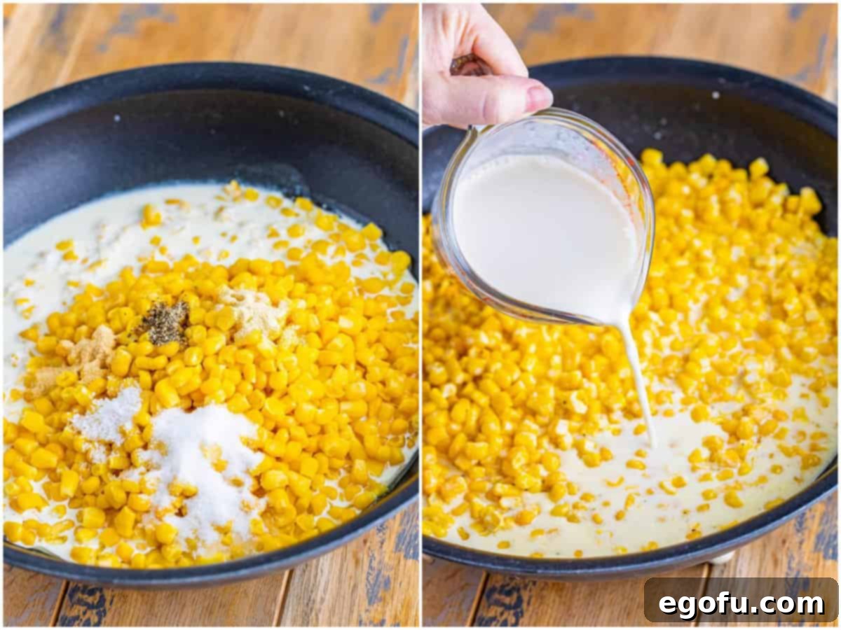 a collage of two photos: a skillet with thawed corn, heavy cream, salt, pepper, garlic powder, onion powder, and sugar; milk and flour mixture being poured into the corn mixture in the skillet. 