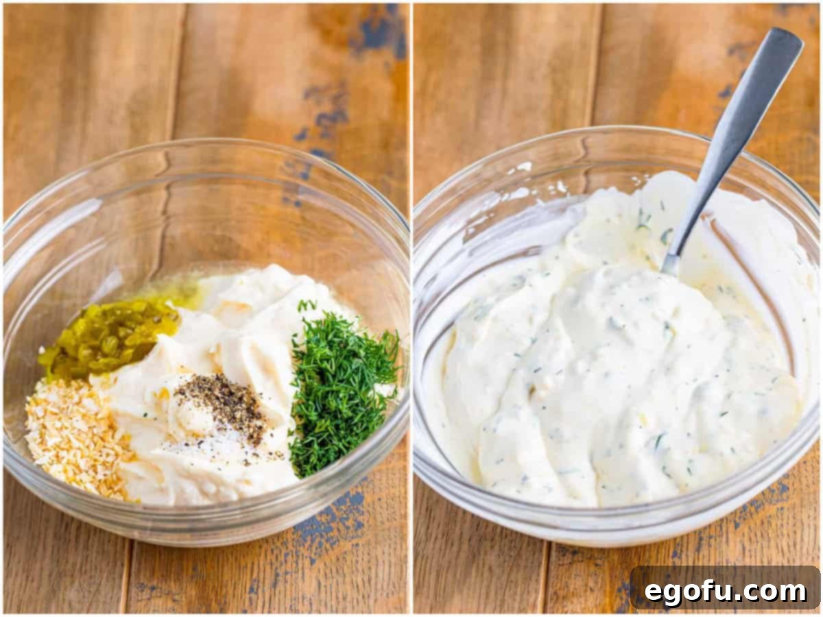 Tangy Homemade Tartar Sauce 6 A collage showing the process: first, a bowl with raw ingredients (mayo, relish, dill, onion, lemon juice, salt, pepper); second, the freshly mixed tartar sauce in a clear bowl with a spoon.