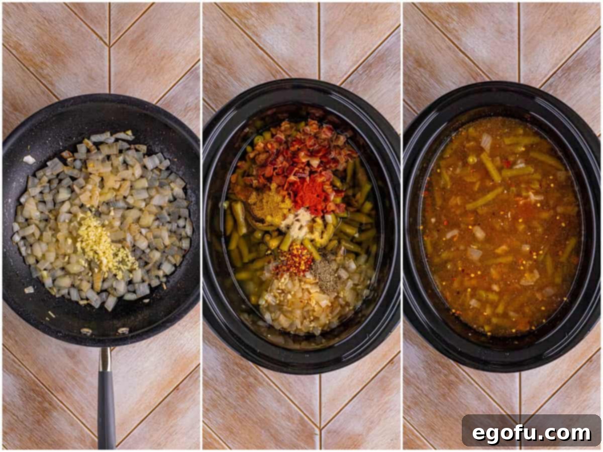 A three-panel collage showing the cooking process: sautéing garlic and onion in bacon grease, combining all ingredients in a slow cooker, and the finished green beans simmering.