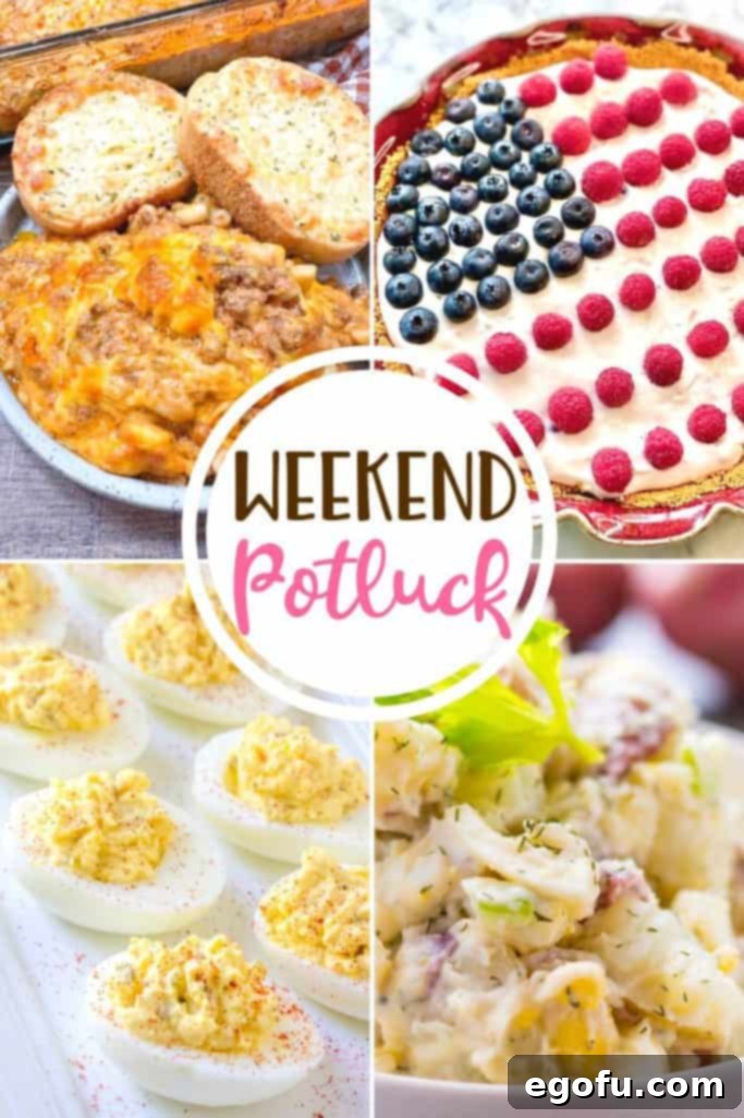 Weekend Potluck featured recipes: Easy Cheesy Old-Fashioned Hamburger Casserole, Red, White and Blue Pie, Creamy Dill Potato Salad and The Best Deviled Eggs. A visual feast of classic comfort dishes.