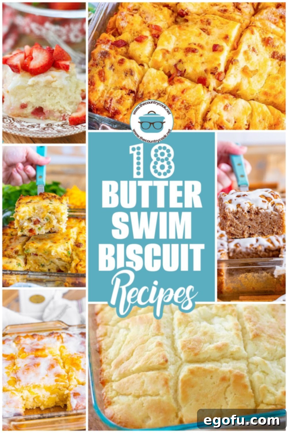 A vibrant collage showcasing 17 diverse Butter Swim Biscuit recipes, ranging from sweet to savory, with text proclaiming '17 Butter Swim Biscuit Recipes'.