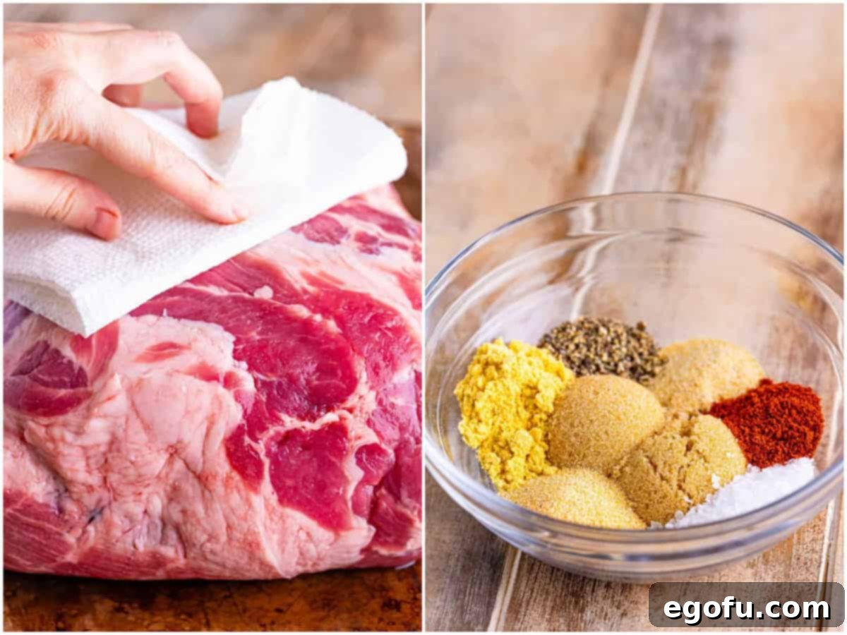 Classic Crock Pot Eastern Carolina Pulled Pork 5 a collage of two photos: a pork roast being patted dry by a paper towel; brown sugar, salt, garlic powder, mustard powder, paprika, onion powder, and black pepper in a clear small bowl.