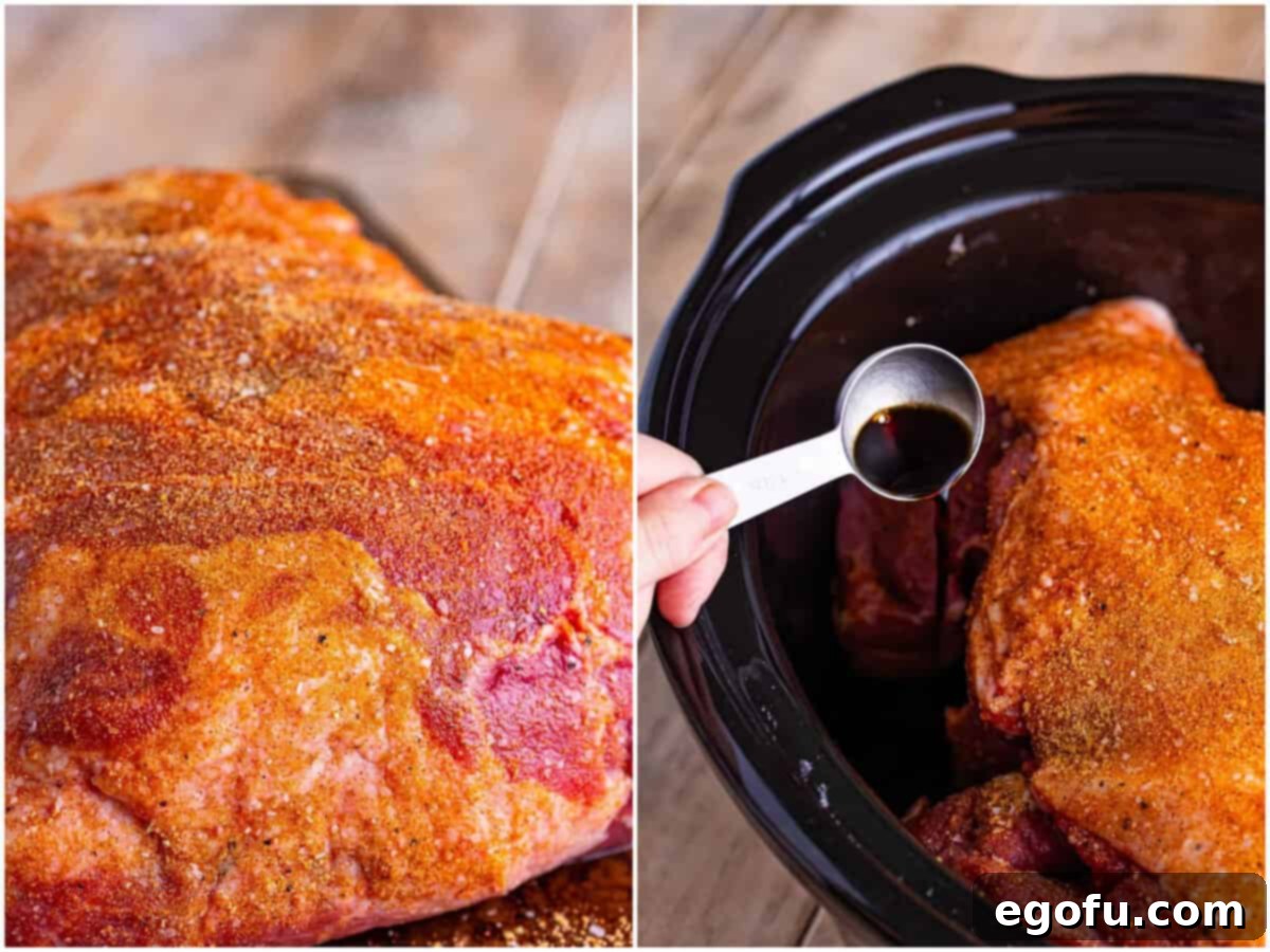 Classic Crock Pot Eastern Carolina Pulled Pork 6 a collage of two photos: a pork roast covered in a homemade seasoning rub; liquid smoke being poured in the cooker with the roast.