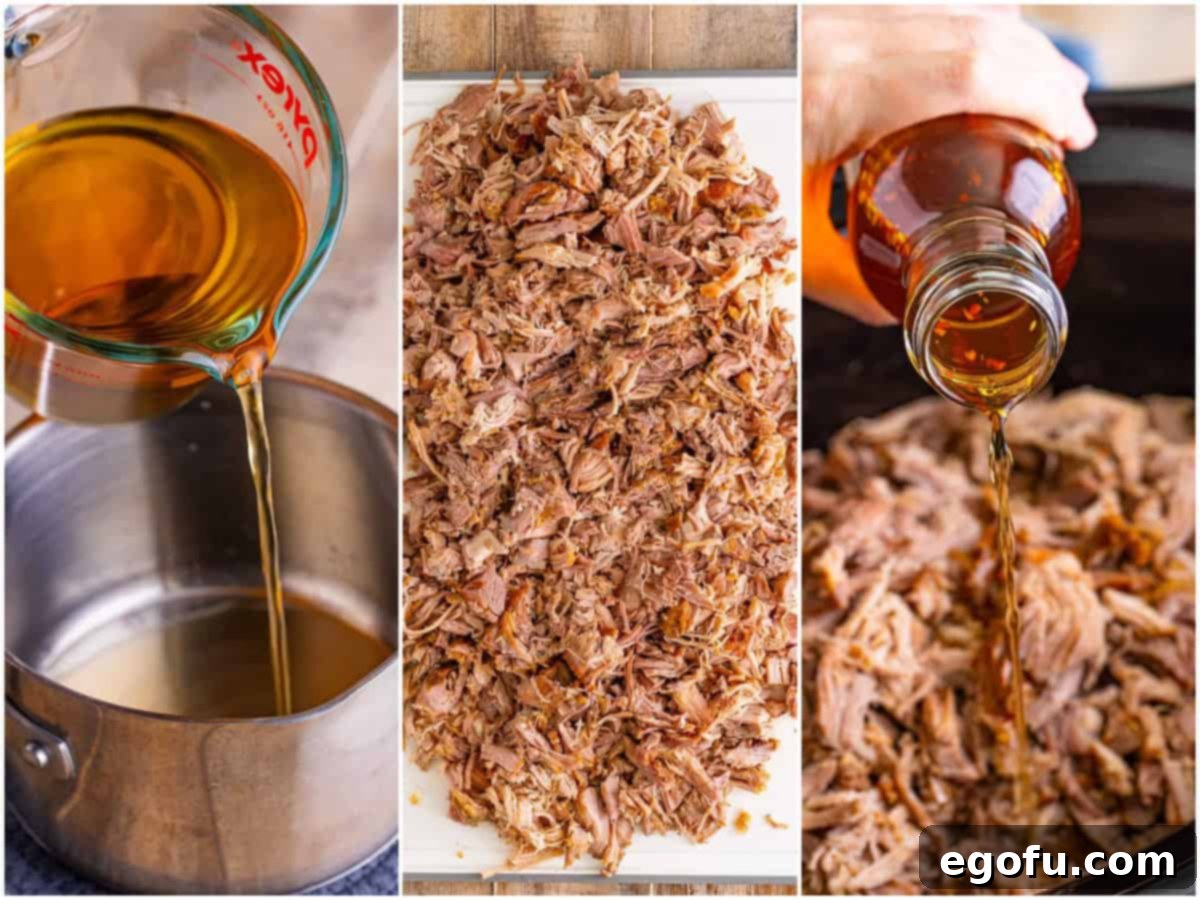 Classic Crock Pot Eastern Carolina Pulled Pork 7 a collage of three photos: apple cider vinegar being poured in a pot; shredded pulled pork on a cutting board; vinegar sauce being drizzled on top of Pulled Pork in a crock pot.