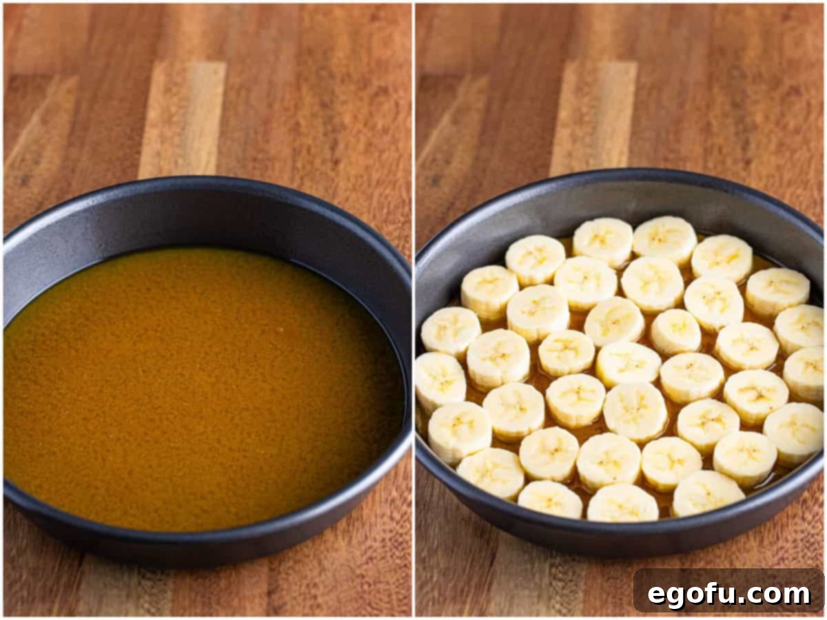 A collage of two photos: In the first, a rich brown sugar and butter mixture coats the bottom of a round baking pan. In the second, perfectly sliced banana rounds are meticulously arranged in an even layer over the brown sugar mixture in the same pan, ready for the cake batter.