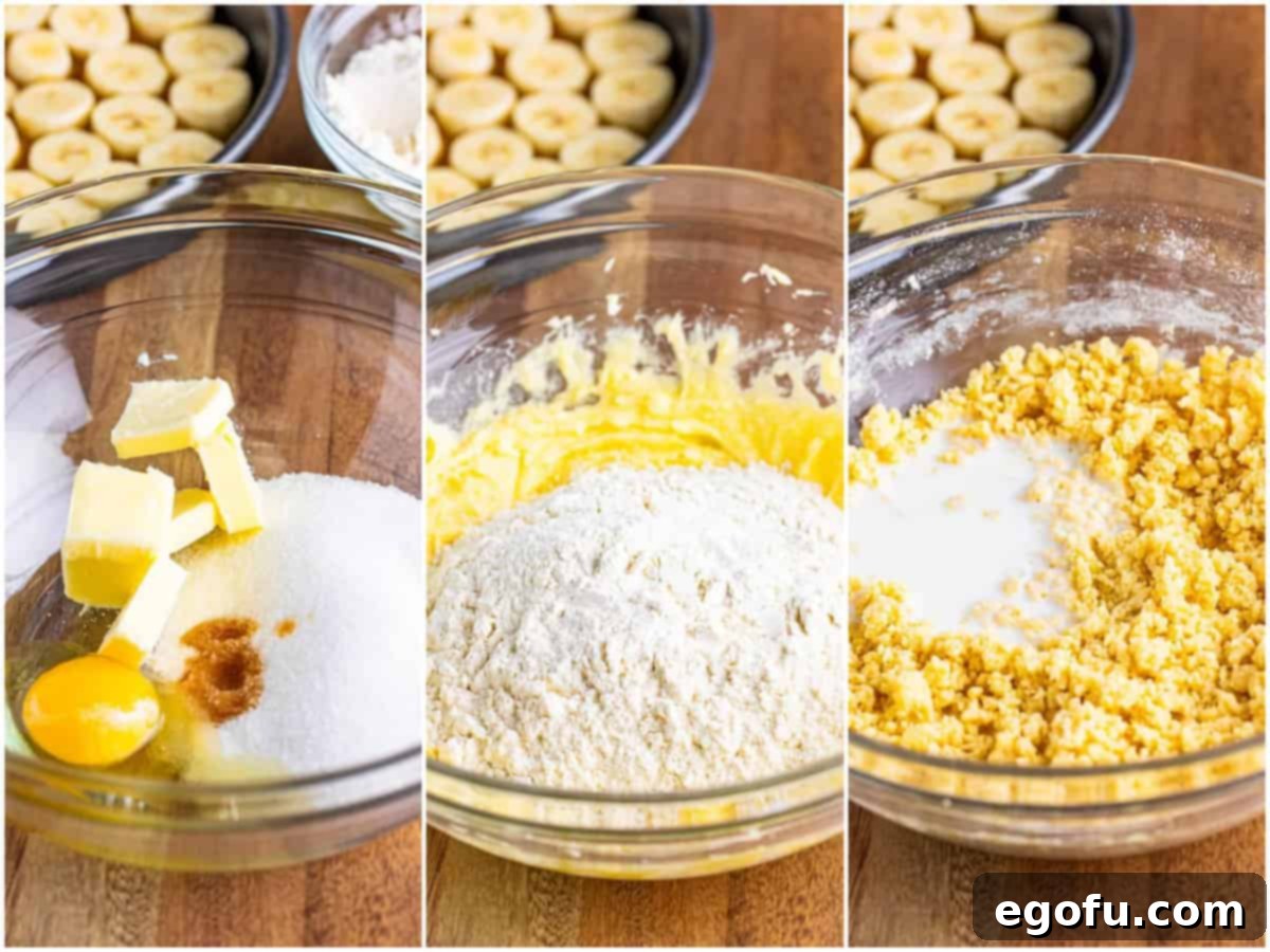A three-photo collage illustrating the cake batter preparation: First, unsalted butter, granulated sugar, an egg, and vanilla extract are mixed in a bowl until creamy. Second, the dry flour mixture is gradually added to the creamed butter mixture, resulting in a crumbly texture. Third, milk is poured into the developing cake batter, which will then be beaten until smooth.