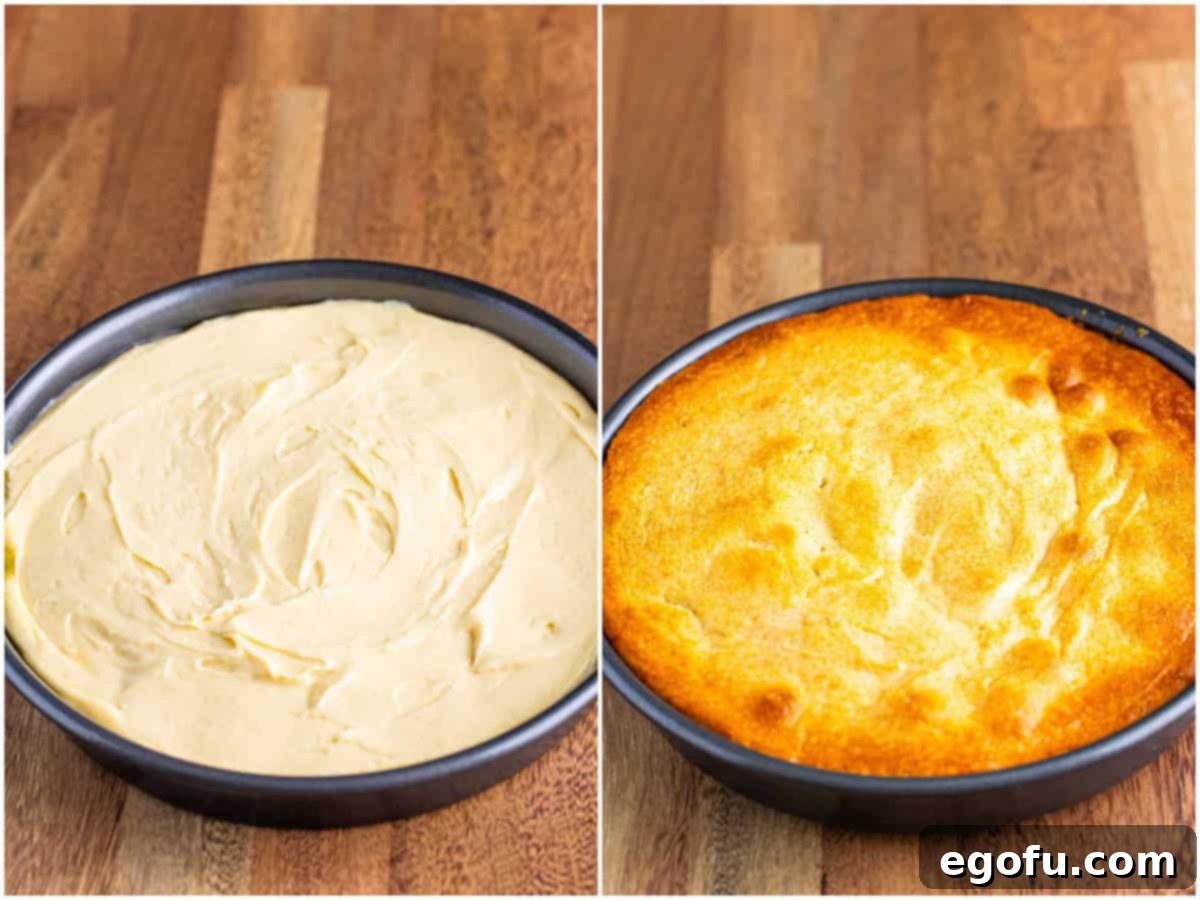 A two-photo collage: The first image shows the unbaked banana upside down cake batter covering the banana layer in a pan. The second image shows the baked cake in the same pan, cooling with a golden-brown top, ready to be inverted.