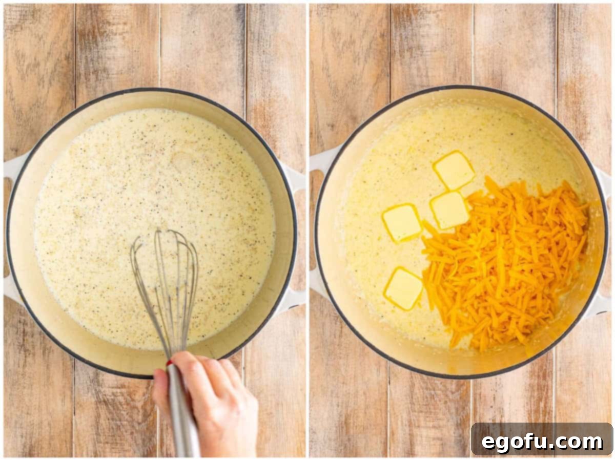 Bayou Bounty Shrimp and Grits 5 collage of two photos: a dutch oven with chicken broth, cream, grits, salt, and pepper with a whisk; cheese and butter added to grits in a dutch oven.