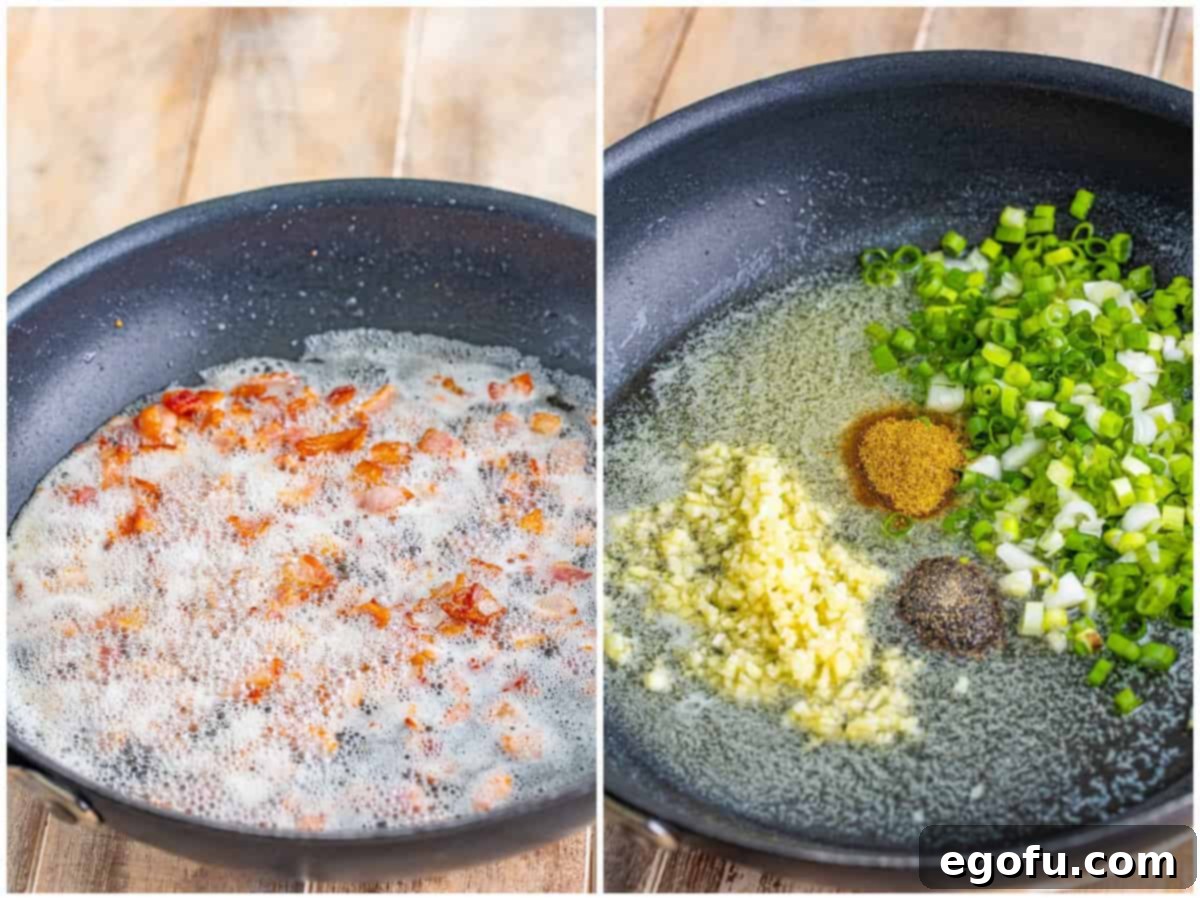 Bayou Bounty Shrimp and Grits 6 a collage of two photos: bacon pieces being cooked in a skillet; bacon grease with sliced green onions, butter, garlic, seasoned salt, and pepper in a skillet.