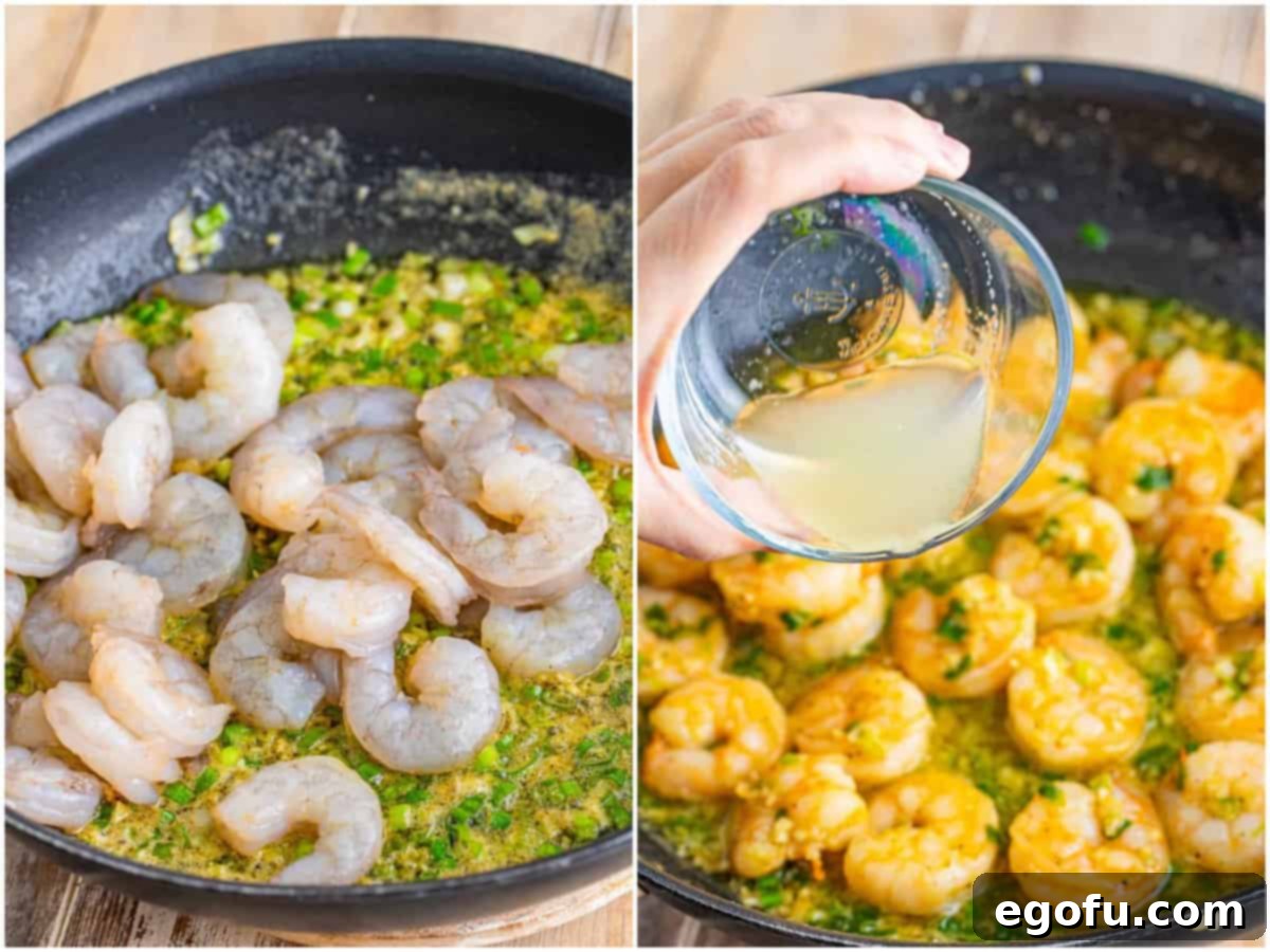 Bayou Bounty Shrimp and Grits 7 a collage of two photos: raw shrimp added to garlic butter sauce in skillet; lemon juice being poured into a pan of cooked shrimp.