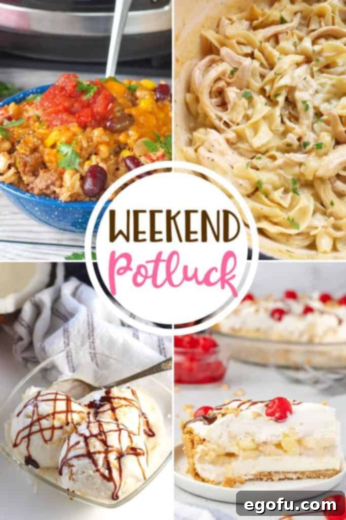 Weekend Potluck featured recipes showcase, including the popular Easy Crock Pot Cowboy Casserole, refreshing 3-Ingredient No-Churn Coconut Ice Cream, classic Banana Split Pie, and comforting Chicken and Noodles.