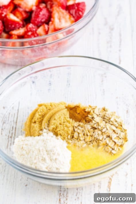 Sweet Strawberry Crumble 11 A mixing bowl with oats, flour, brown sugar, melted butter, and cinnamon.