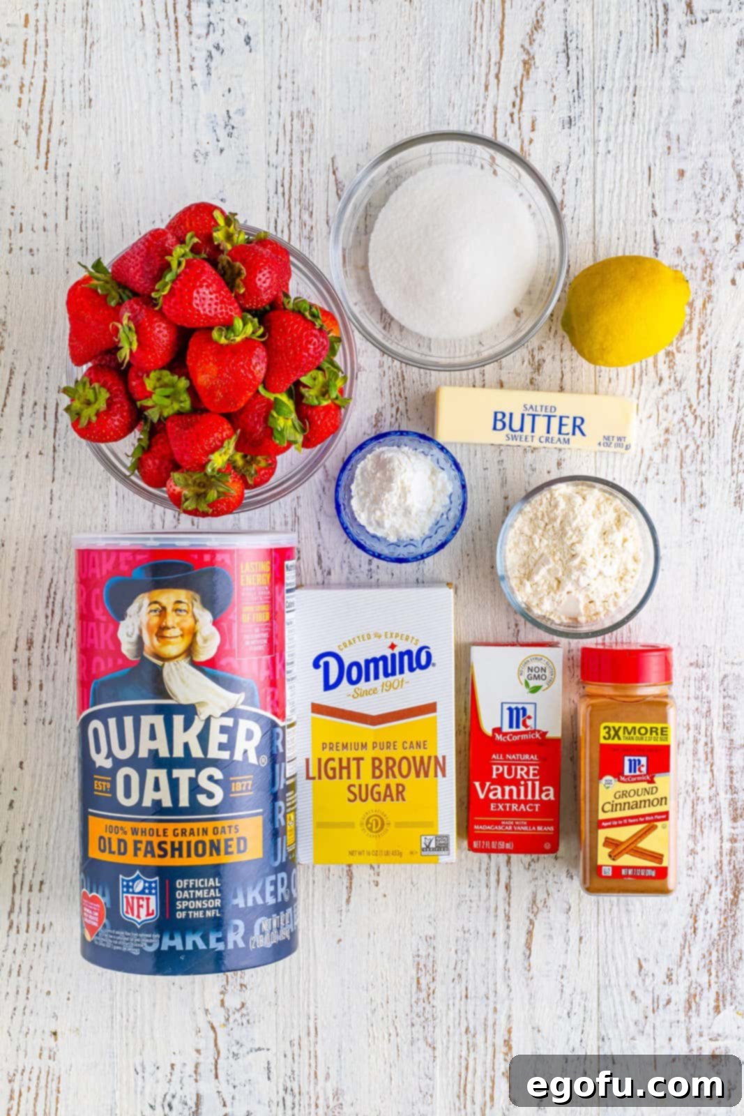 Sweet Strawberry Crumble 4 Strawberries, oats, vanilla extract, lemon, sugar, cinnamon, light brown sugar, butter, flour, and cornstarch.