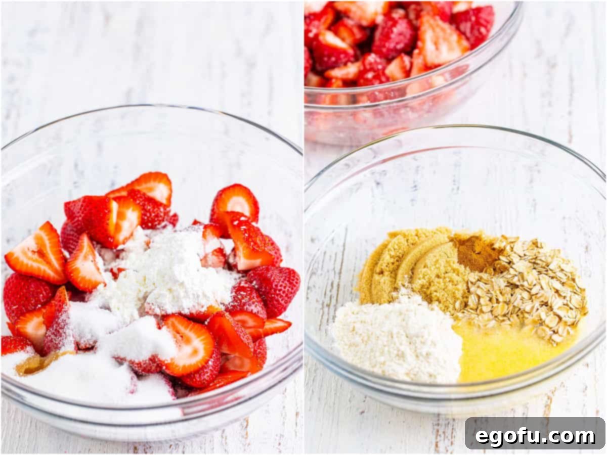 Sweet Strawberry Crumble 5 collage of two photos: a mixing bowl of cut strawberries coated in the cornstarch, sugar, lemon juice, and vanilla; another clear bowl with oats, flour, brown sugar, melted butter, and cinnamon.
