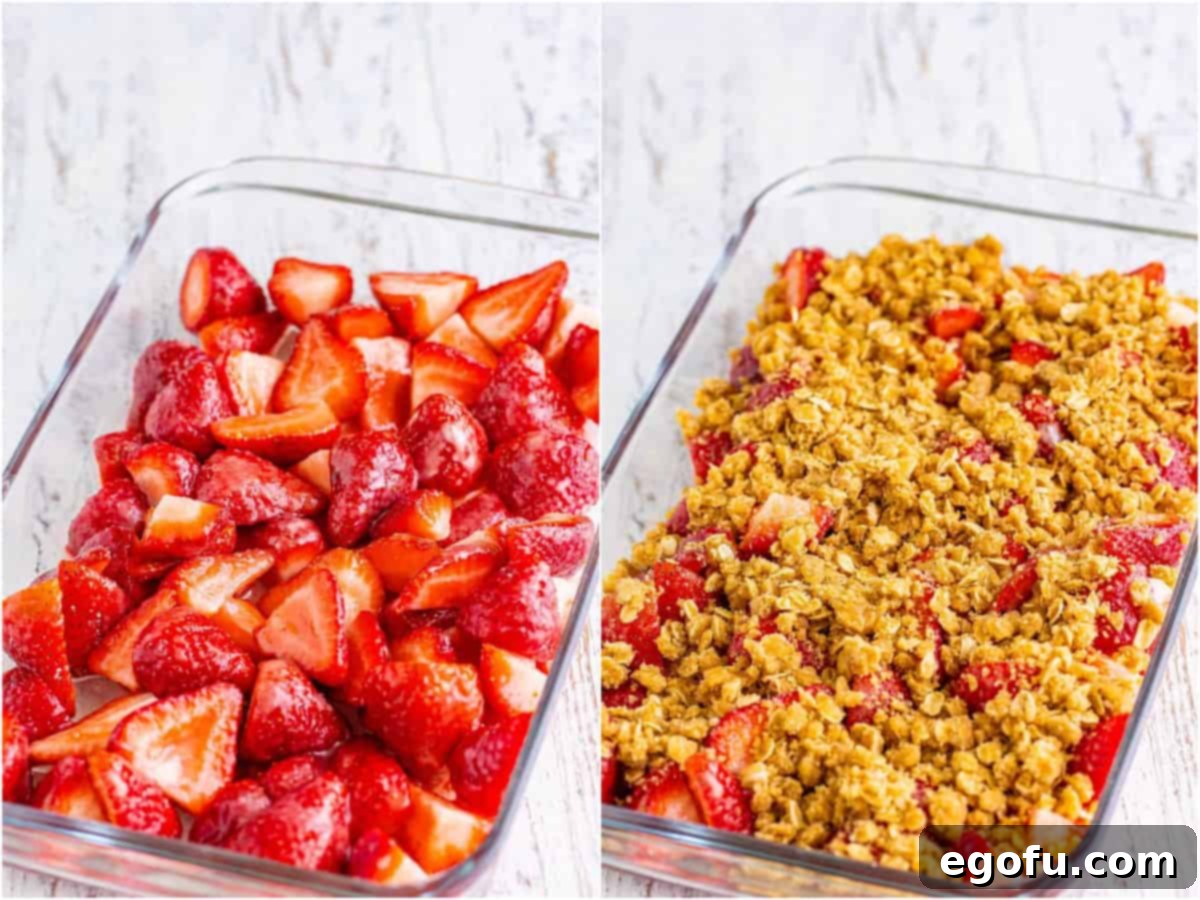 Sweet Strawberry Crumble 6 a collage of two photos: coated strawberries in a clear baking dish; crumble topping on top of the strawberries in a baking dish.