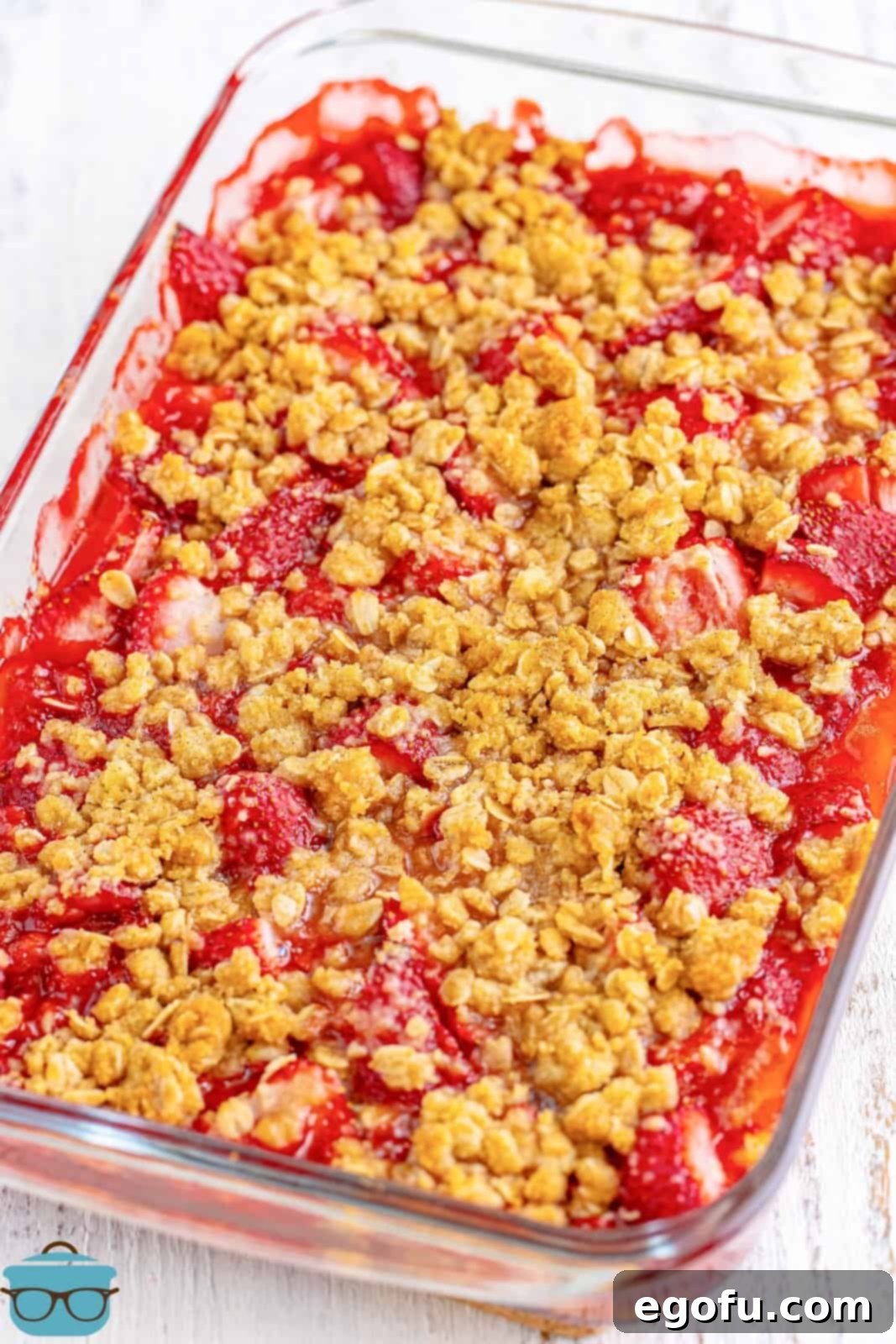 Sweet Strawberry Crumble 7 A baking dish of fresh made Strawberry Crumble.