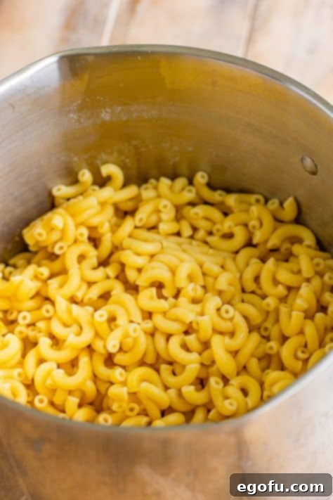 Golden Crusted Macaroni 17 Cooked noodles in a pot.