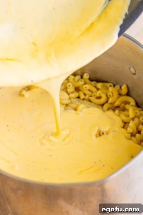 Golden Crusted Macaroni 18 Cheese sauce being poured back on the elbow noodles.