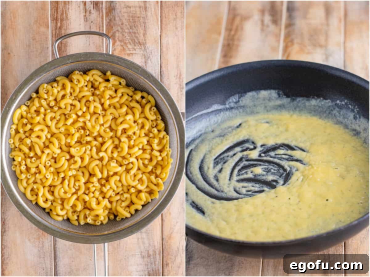 Golden Crusted Macaroni 5 A collage of two photos: drained elbow noodles resting in a colander; melted butter and flour beginning to combine in a skillet, forming a roux.