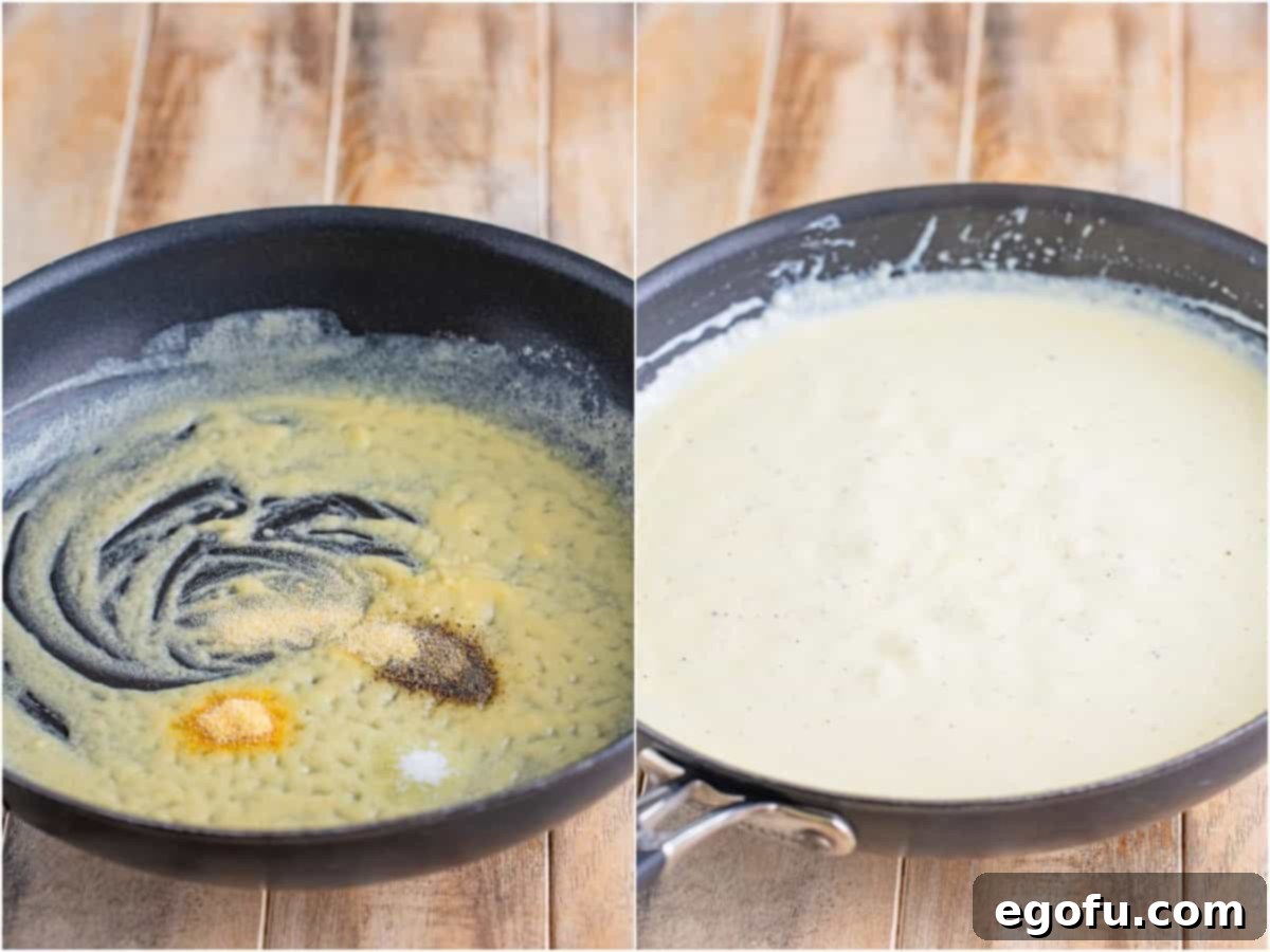 Golden Crusted Macaroni 6 A collage of two photos: a skillet with melted butter and spices evenly incorporated; a mixture of flour, heavy cream, melted butter, and spices thickening in a skillet, forming the beginnings of a creamy sauce.