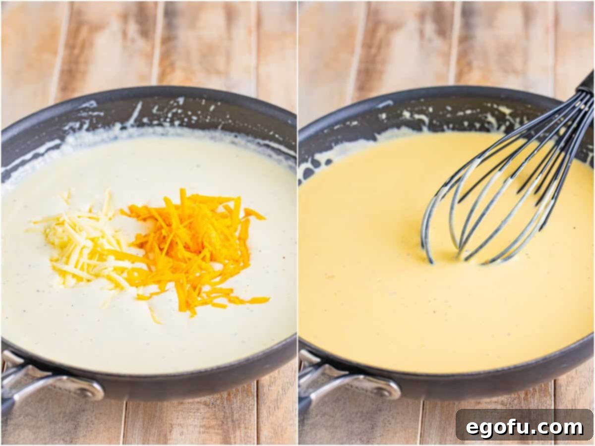 Golden Crusted Macaroni 7 A collage of two photos: two types of freshly shredded cheese being gradually added to the warm milk mixture in the skillet; a whisk actively smoothing out the melting cheese into a luxurious, creamy sauce in the skillet.