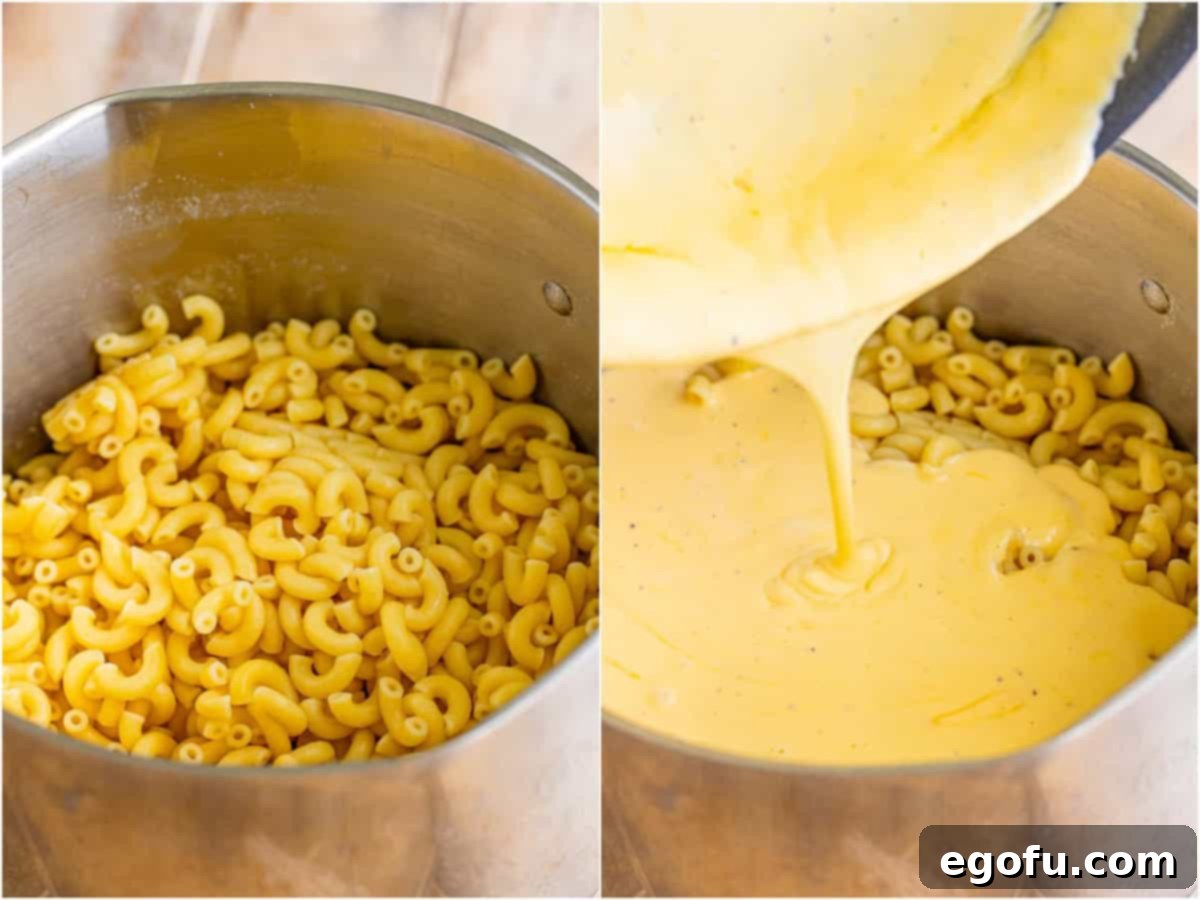 Golden Crusted Macaroni 8 A collage of two photos: cooked macaroni noodles waiting in a large pot; the rich, creamy cheese sauce being generously poured over the cooked noodles in the pot.