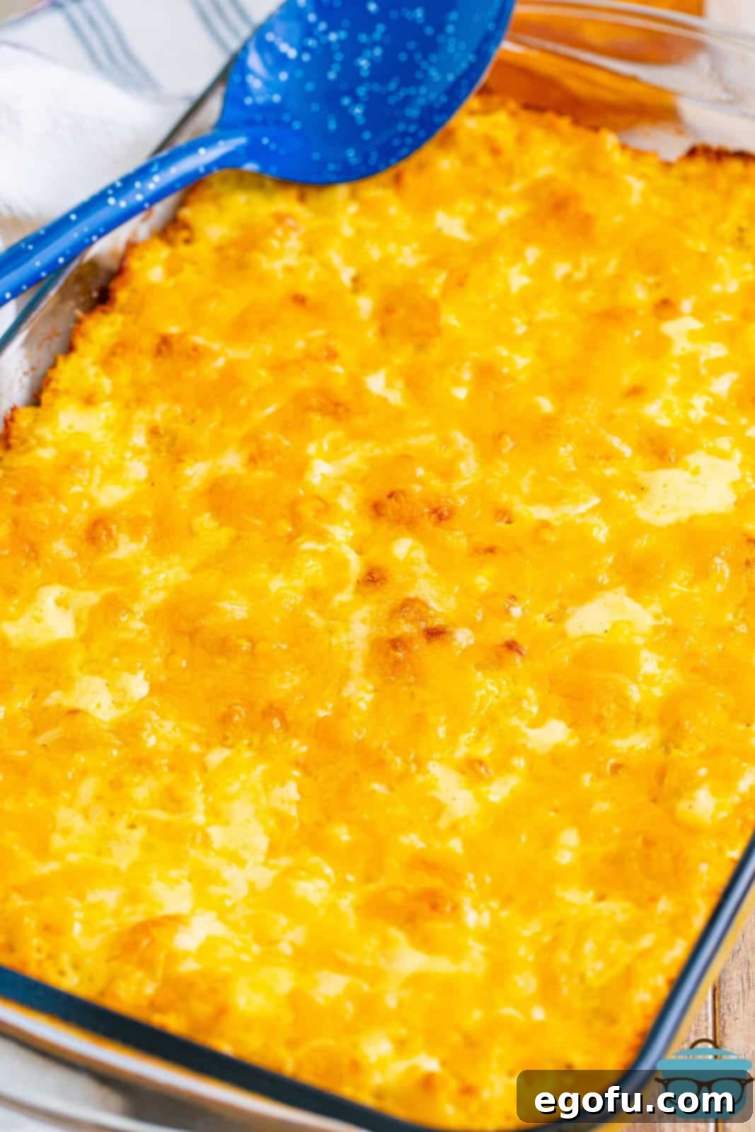 Golden Crusted Macaroni 10 A glorious baking dish with perfectly baked mac and cheese, steam gently rising, and a serving spoon resting enticingly on top.