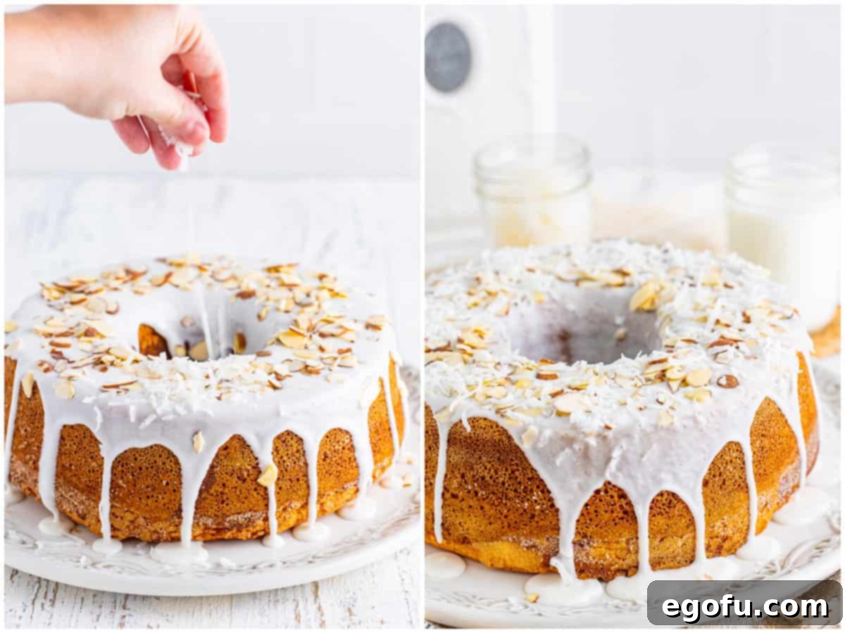 Southern Crunch Delight 11 A two-panel image detailing the final steps of cake decoration: a hand sprinkles sweetened coconut flakes over the wet glaze on the left, and the finished, beautifully garnished Louisiana Crunch Cake is presented on a white serving plate on the right.