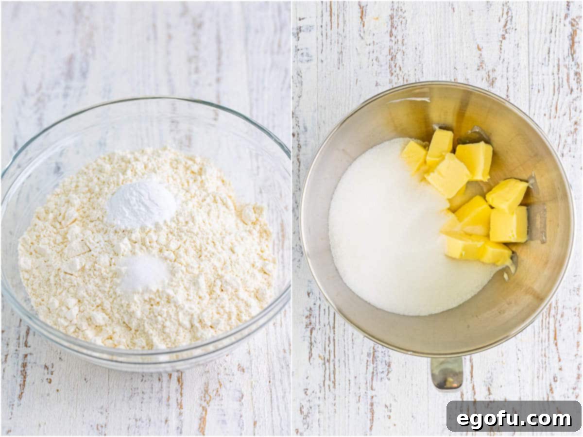 Southern Crunch Delight 5 A two-part collage showing dry ingredients (flour, baking powder, salt) in a bowl and softened butter with granulated sugar in a stand mixer, ready for creaming.