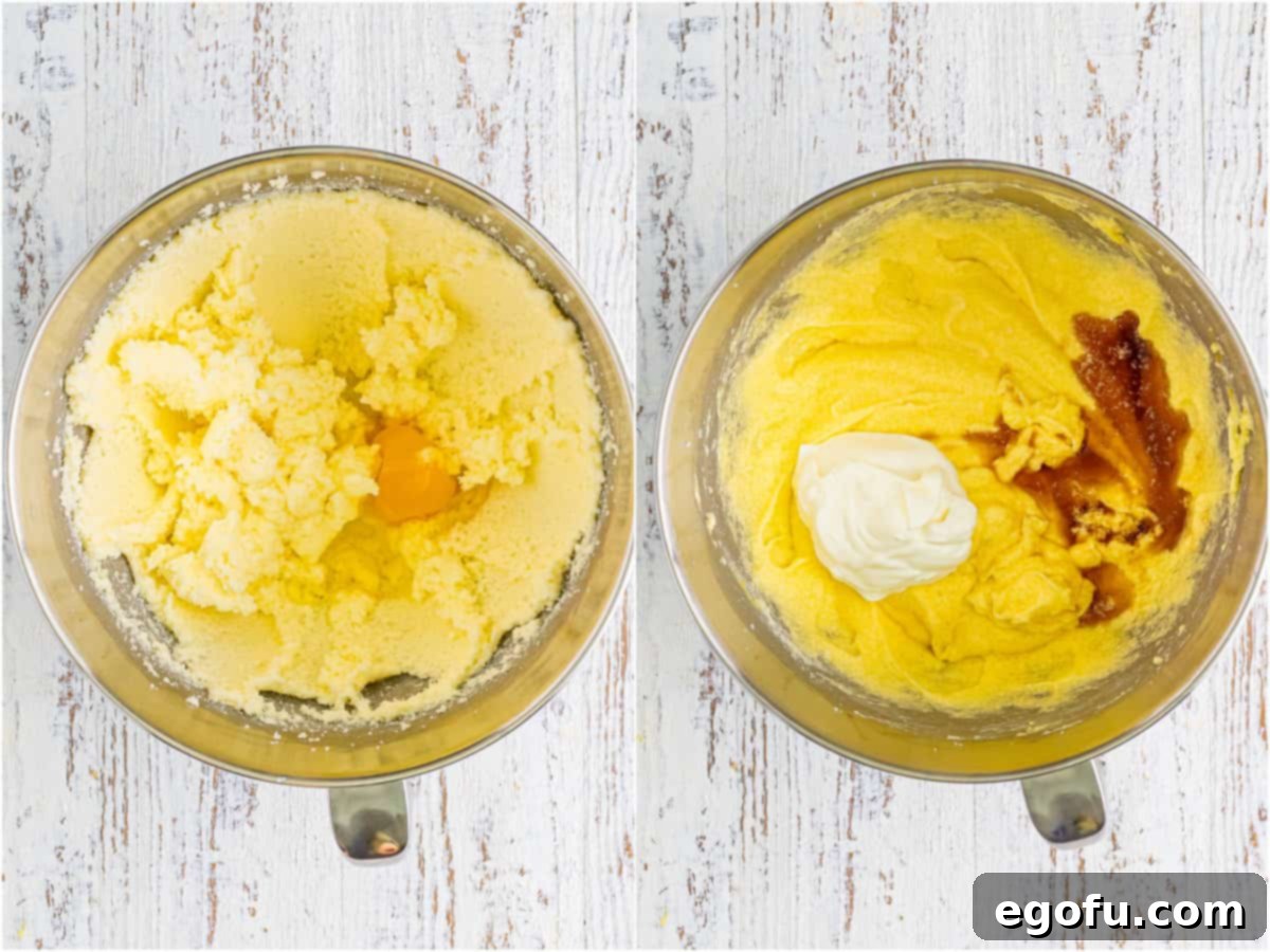 Southern Crunch Delight 6 A two-part collage depicting the process of adding ingredients: first, an egg being added to creamed butter and sugar in a mixer; second, sour cream and vanilla extract stirred into the mixture.