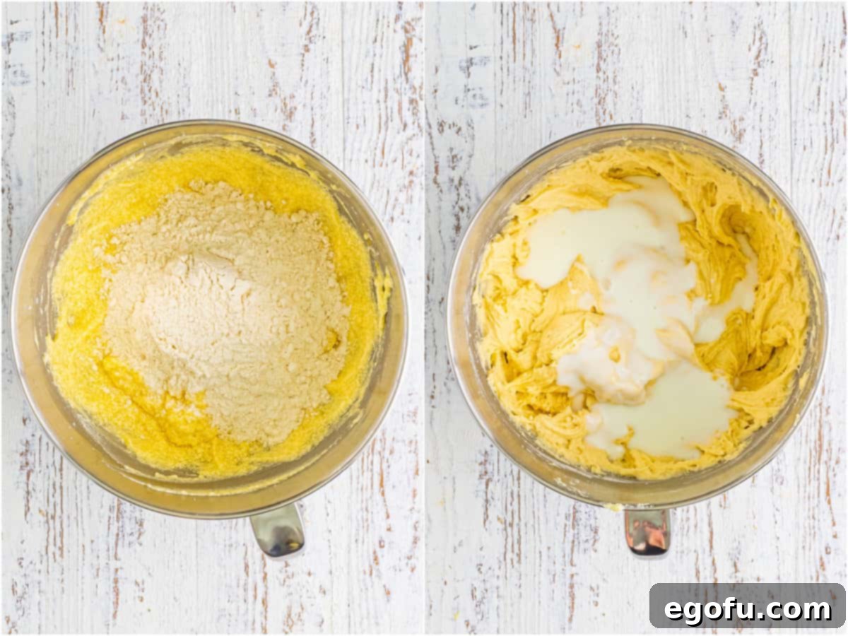 Southern Crunch Delight 7 A two-panel image showing the alternating addition of dry flour mixture and wet buttermilk into the cake batter in a stand mixer.
