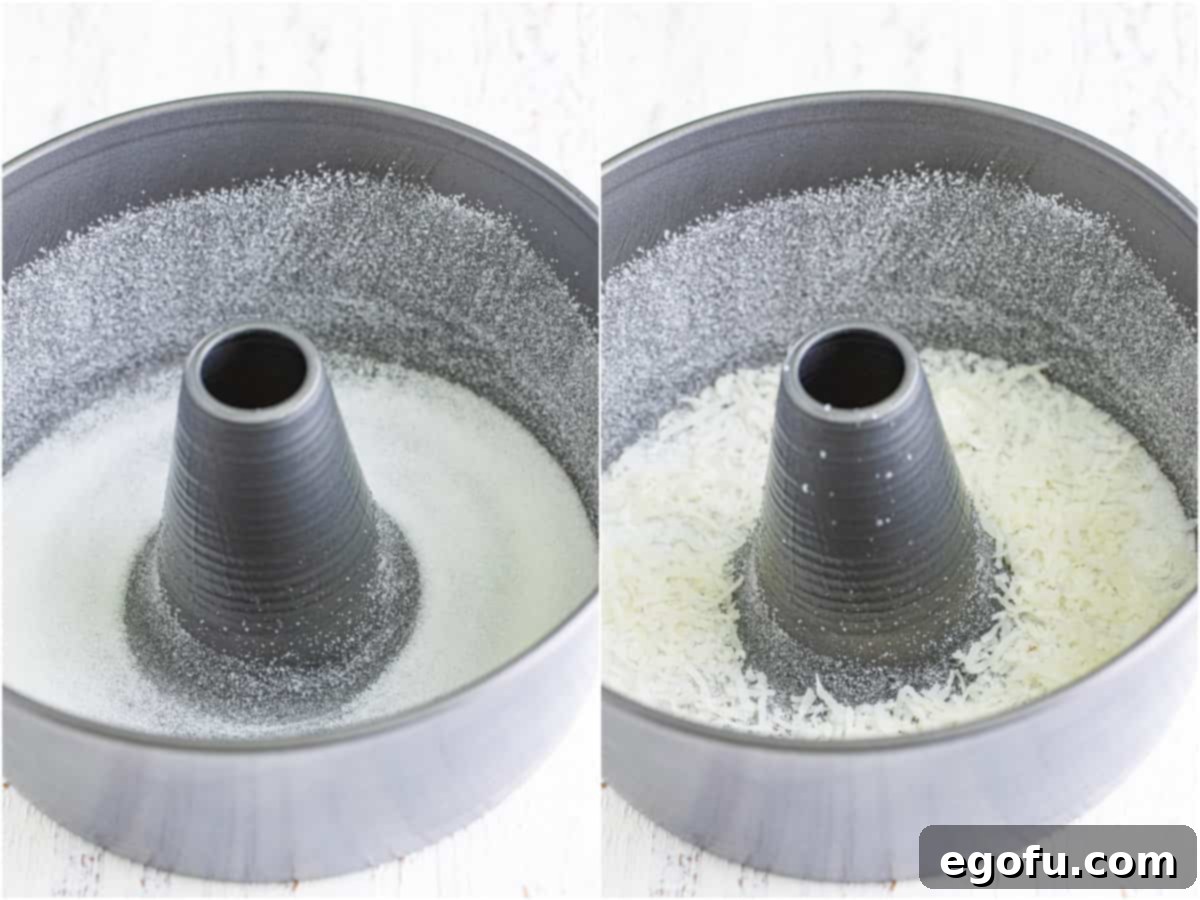 Southern Crunch Delight 8 A two-panel image illustrating the preparation of the cake pan: granulated sugar is first added and coated onto the bottom and sides of a tube pan, followed by an even sprinkle of coconut flakes.