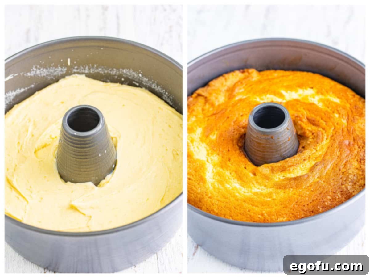 Southern Crunch Delight 9 A two-panel image showing the baking process: raw cake batter smoothly spread in a tube pan on the left, and the fully baked, golden-brown cake still in the tube pan on the right.