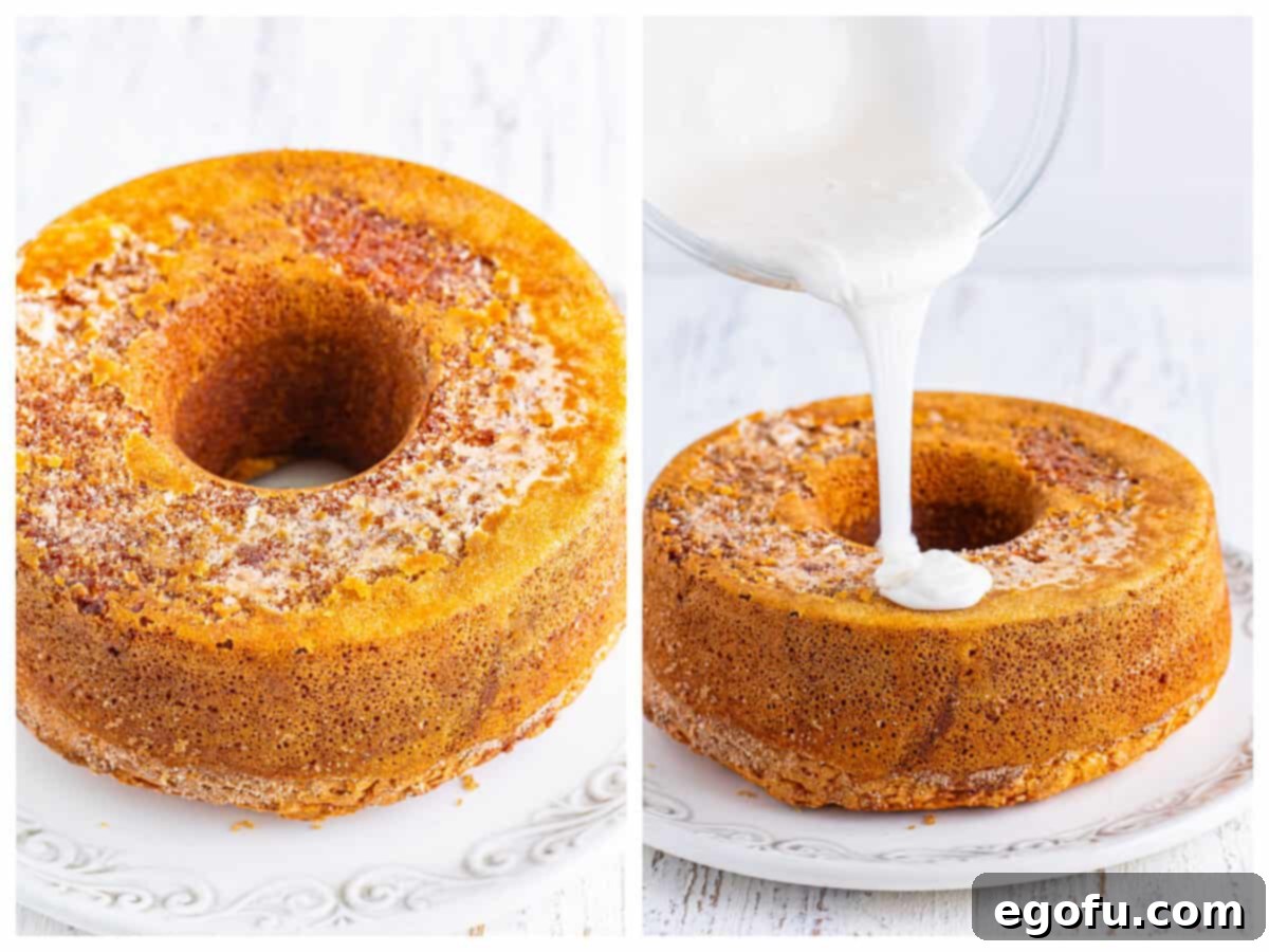 Southern Crunch Delight 10 A two-panel collage showing the baked cake inverted onto a serving plate on the left, and a bowl of glaze being poured over the cooled cake on the right.