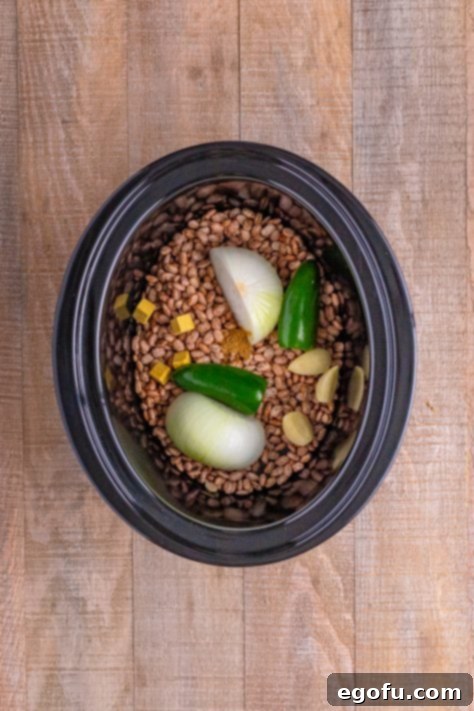 Beans, onion, jalapeno, bouillon, garlic, and cumin in a slow cooker.