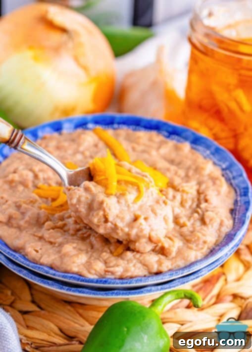A bowl of refried beans with a spoon picking up some.