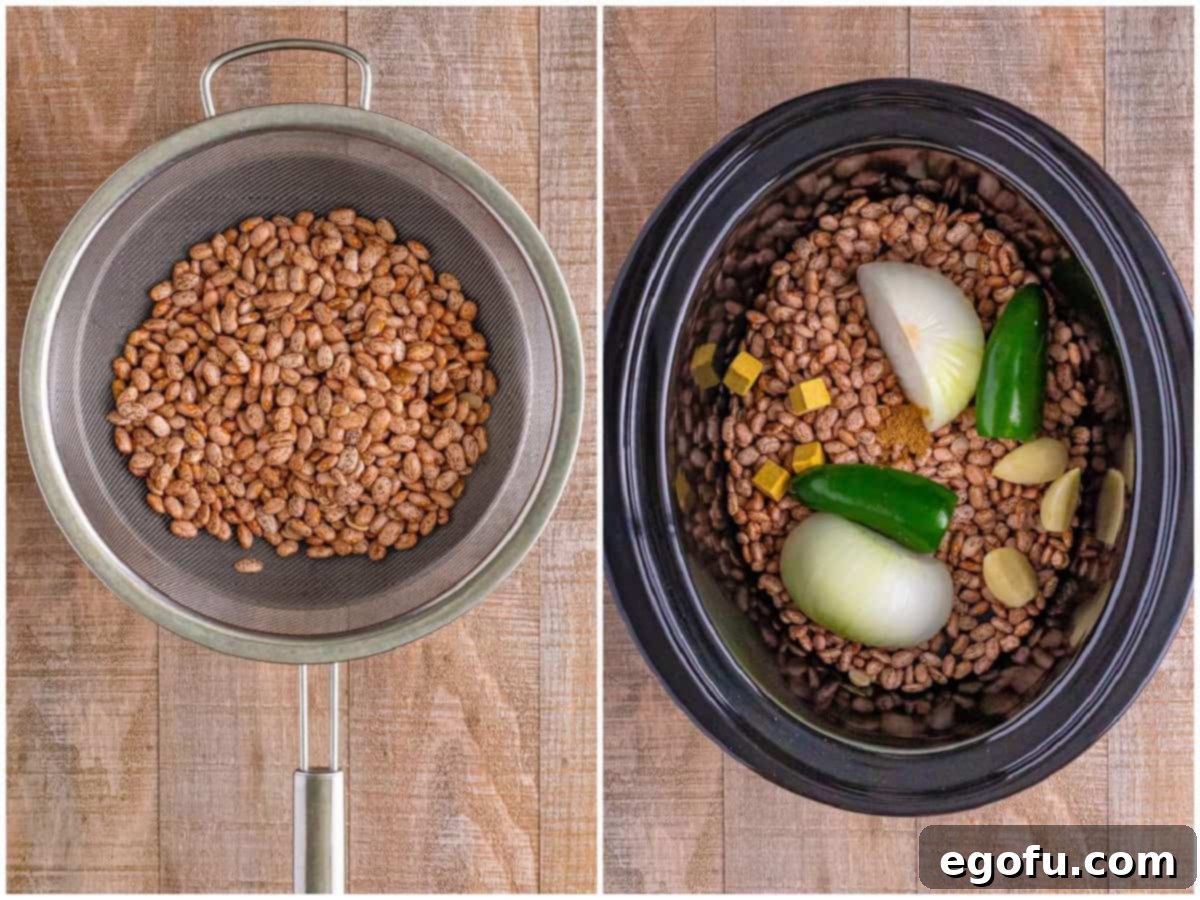 collage of two photos: pinto beans in a strainer; pinto beans, onion halves, jalapeños, bouillon cubes, garlic cloves, and cumin in an oval slow cooker. 