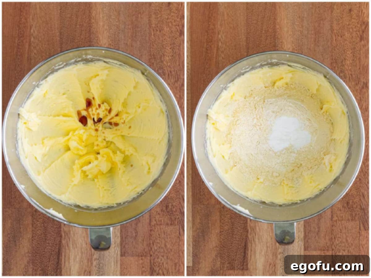 A two-image collage showing vanilla extract being poured into the creamed butter and sugar, followed by all-purpose flour and baking powder added to the same mixing bowl.