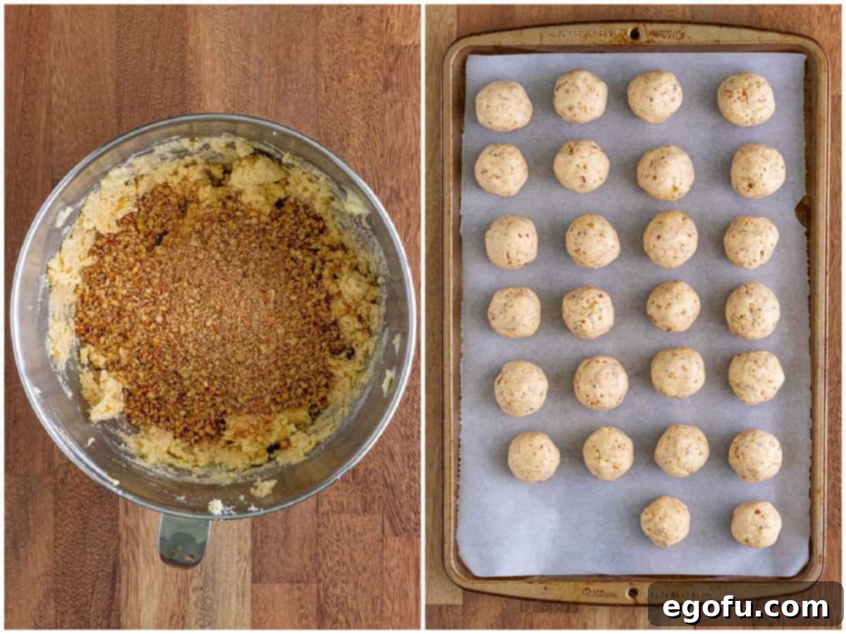 A collage displaying two key stages: first, crushed pecans being stirred into cookie dough batter, and second, perfectly formed cookie dough balls neatly arranged on a parchment-lined baking sheet, ready for chilling.