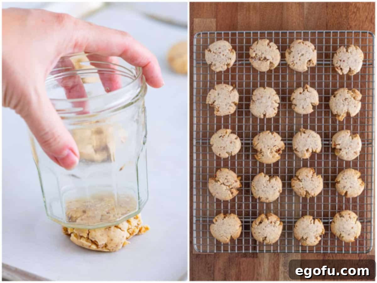 A two-part image: first, a glass pressing down to flatten a Pecan Sandies cookie on a baking sheet; second, a wire rack filled with baked Pecan Sandies cooling.